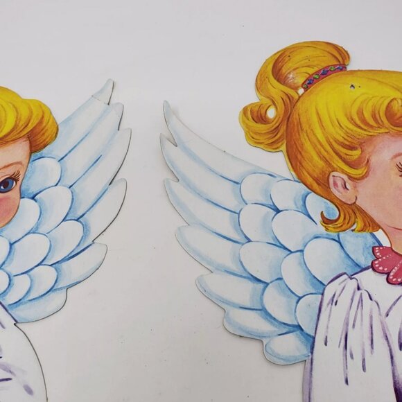 Vtg (2) Diecut Cardboard Angel USA Christmas Angelic Girl Plays Trumpet Horn - Picture 4 of 7